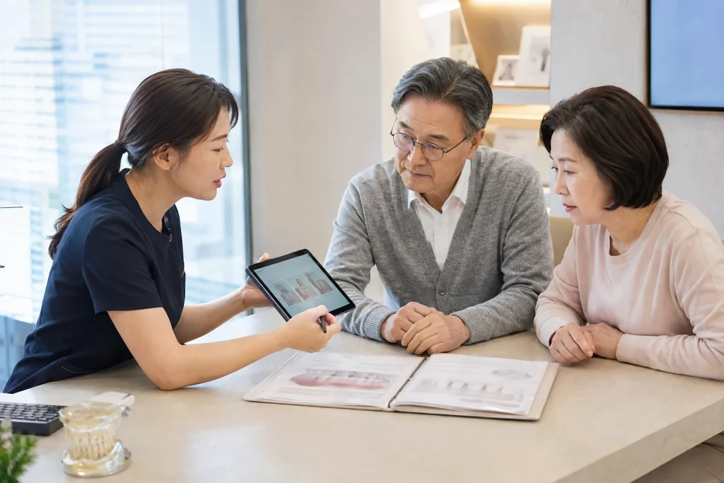 임플란트 수명 상담과 치료 과정을 설명하는 자료