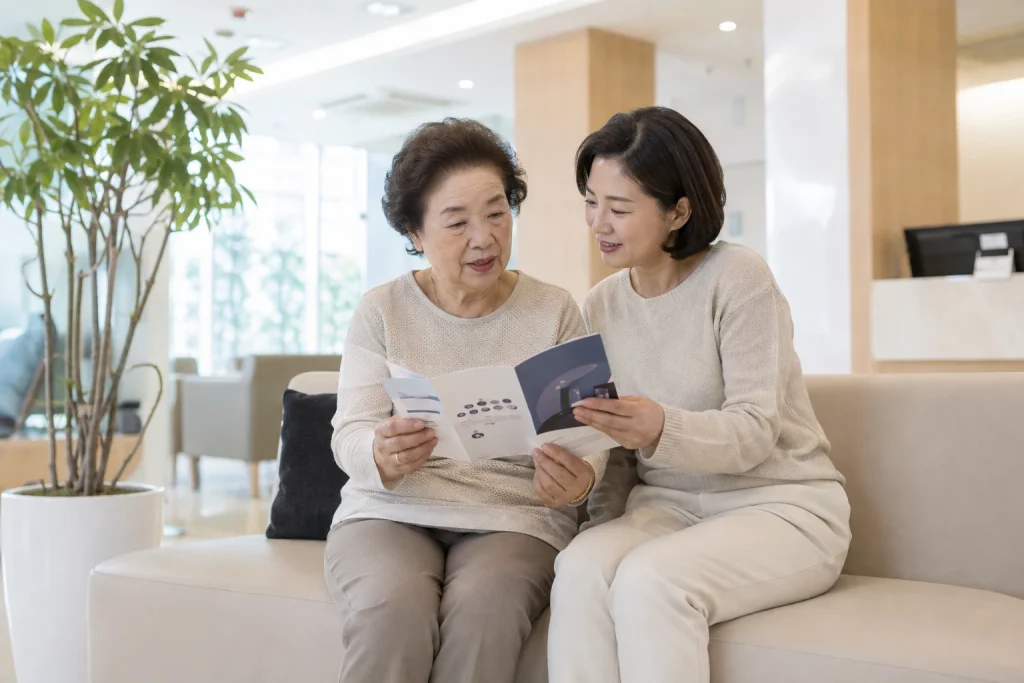 노인 임플란트 지원 상담과 치료 과정을 설명하는 자료